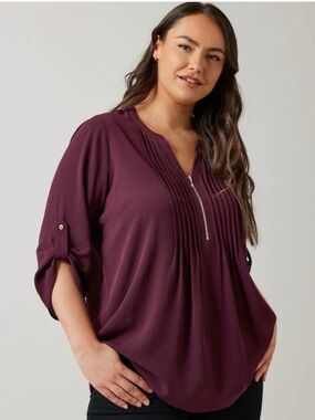 Evans Purple Zip Pintuck Shirt Plus-Size Plum Blouse Gold Zipper & Buttons